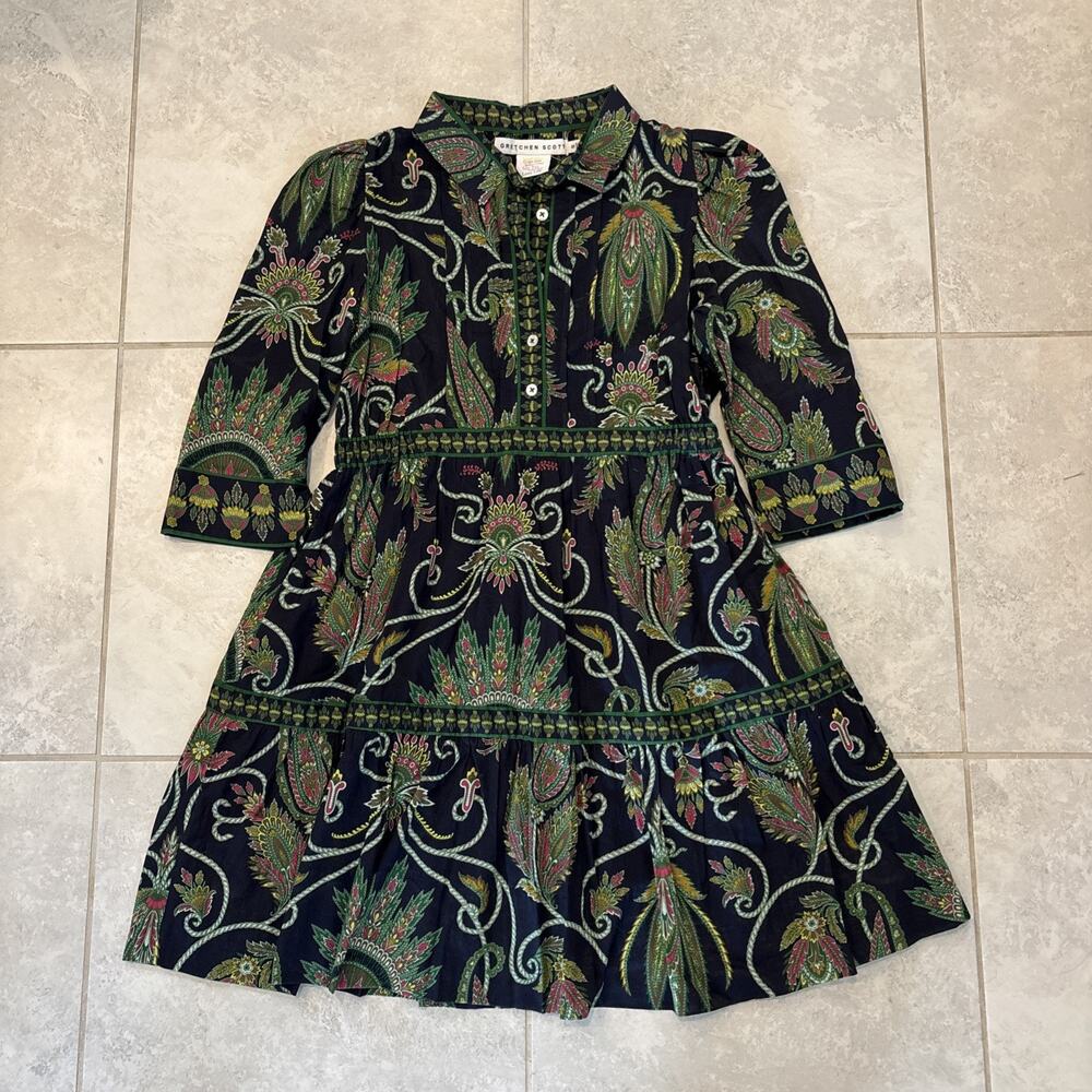 Gretchen Scott Damsel Midi Dress Size S Navy Floral Printed Tiered Style Button